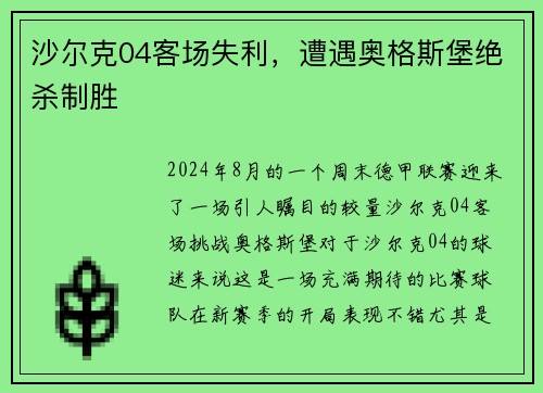 沙尔克04客场失利，遭遇奥格斯堡绝杀制胜